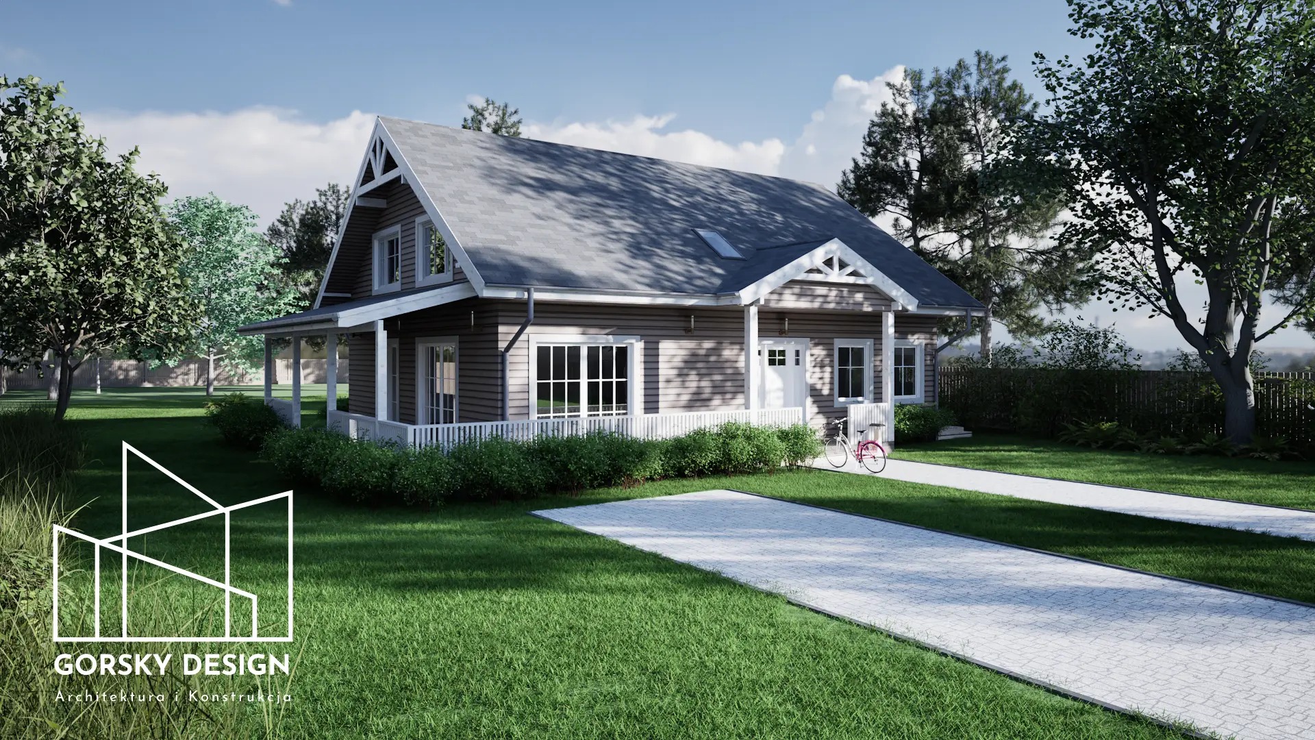 Wizualizacja domu szkieletowego z drewnianą elewacją – projekt Gorsky Design