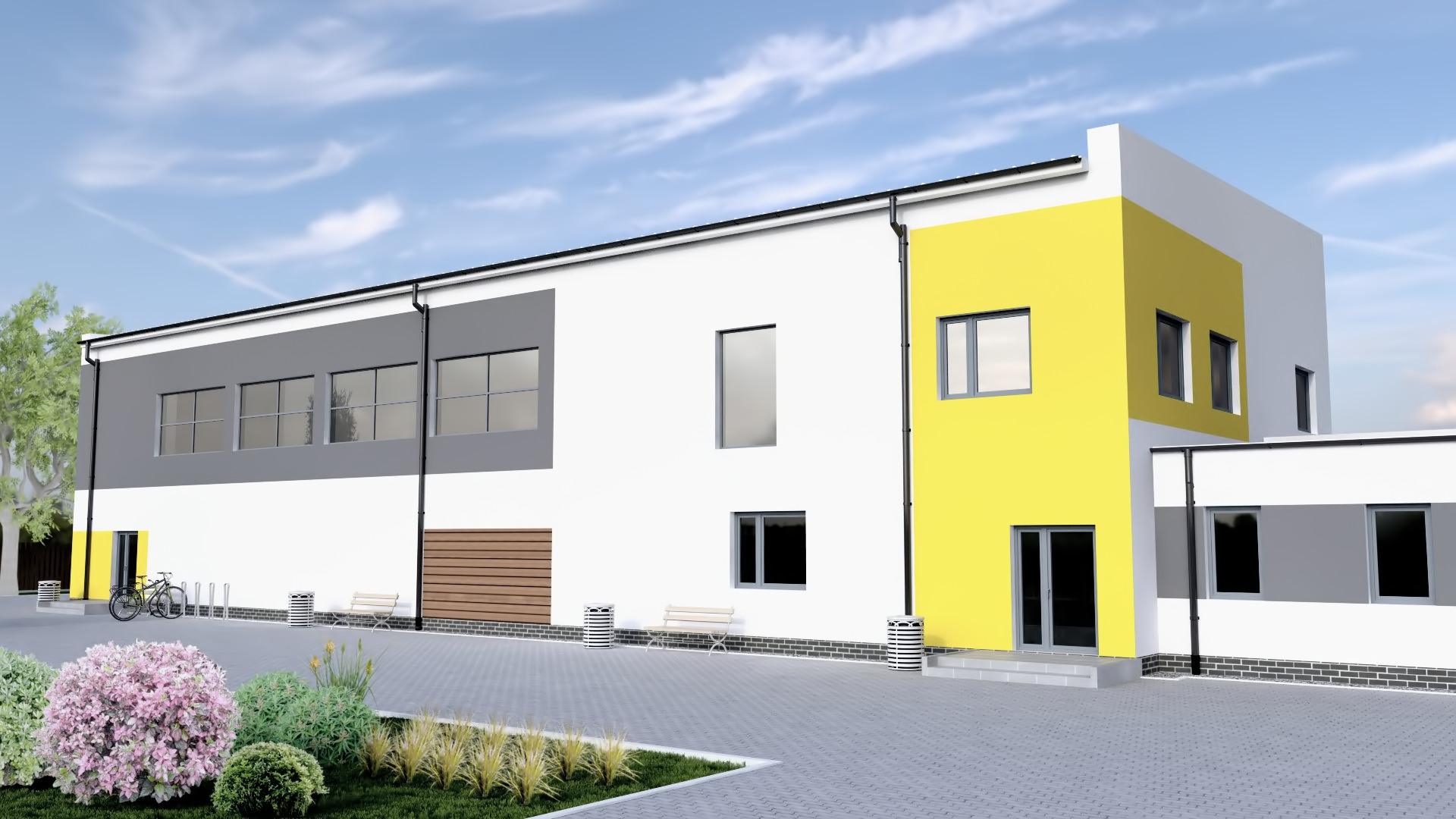 Wizualizacja elewacji frontowej nowoczesnej sali sportowej - projekt Gorsky Design Toruń