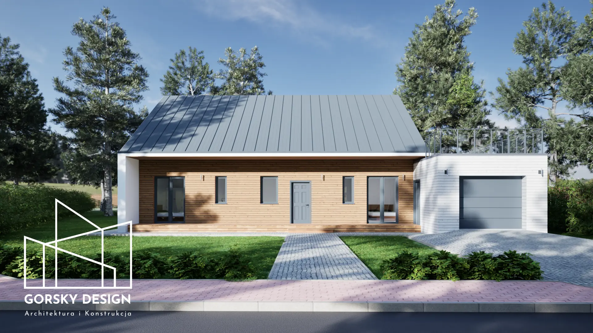 Wizualizacja frontowa nowoczesnego domu szkieletowego – projekt Gorsky Design