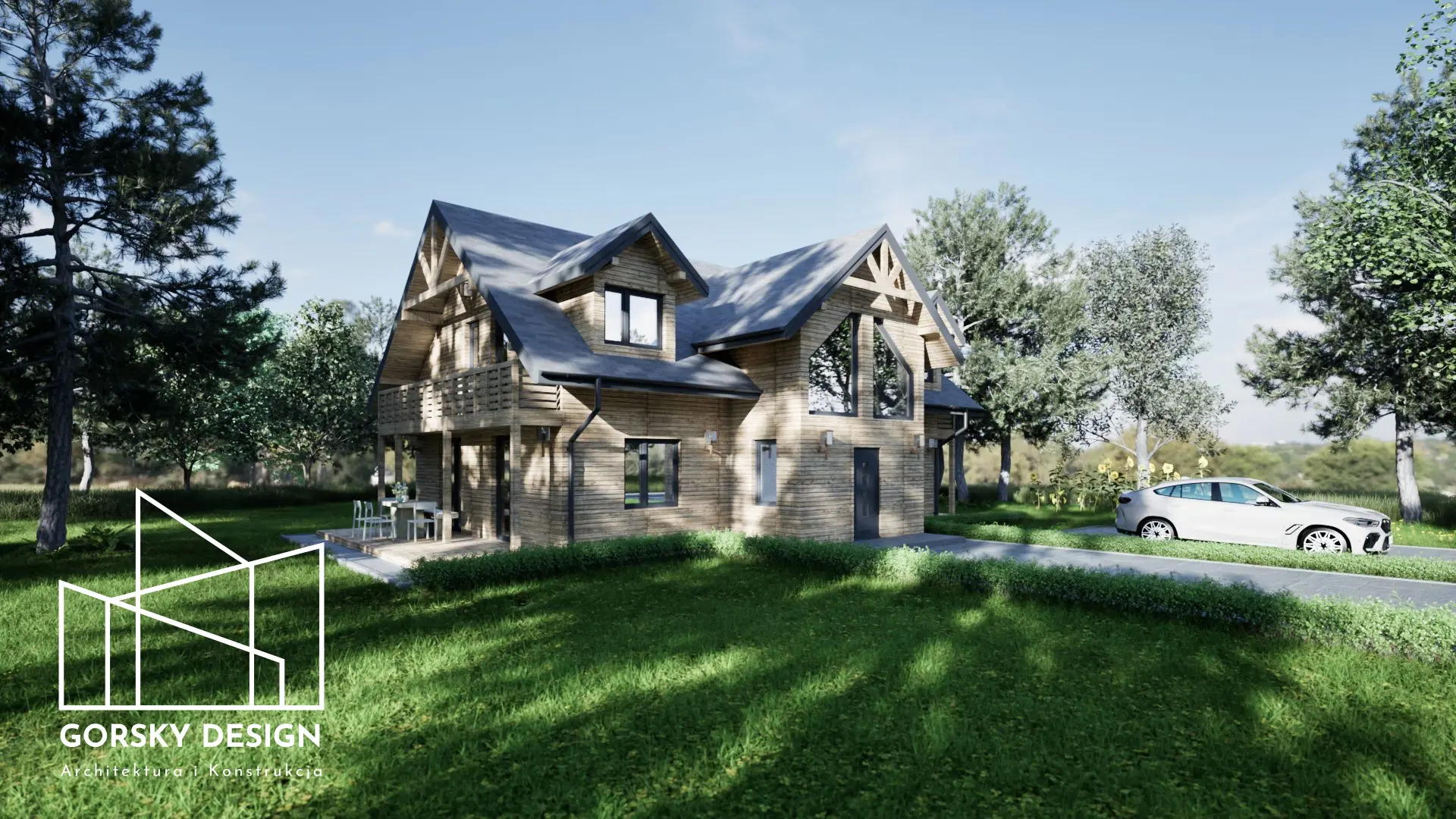 Elewacja frontowa domu jednorodzinnego szkieletowego z lukarnami – projekt Gorsky Design