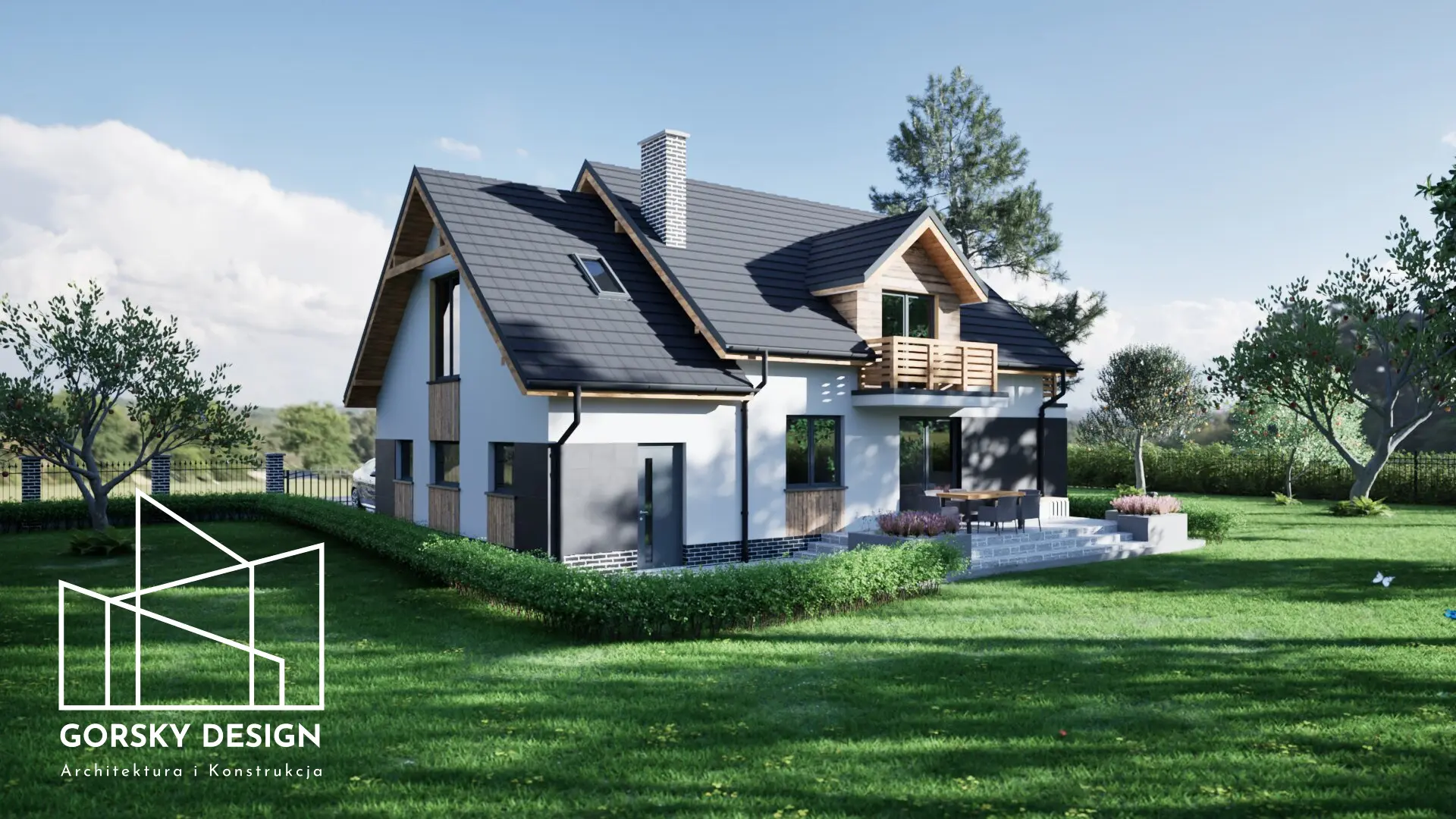 Widok ogrodu i tarasu domu jednorodzinnego – projekt Górsky Design