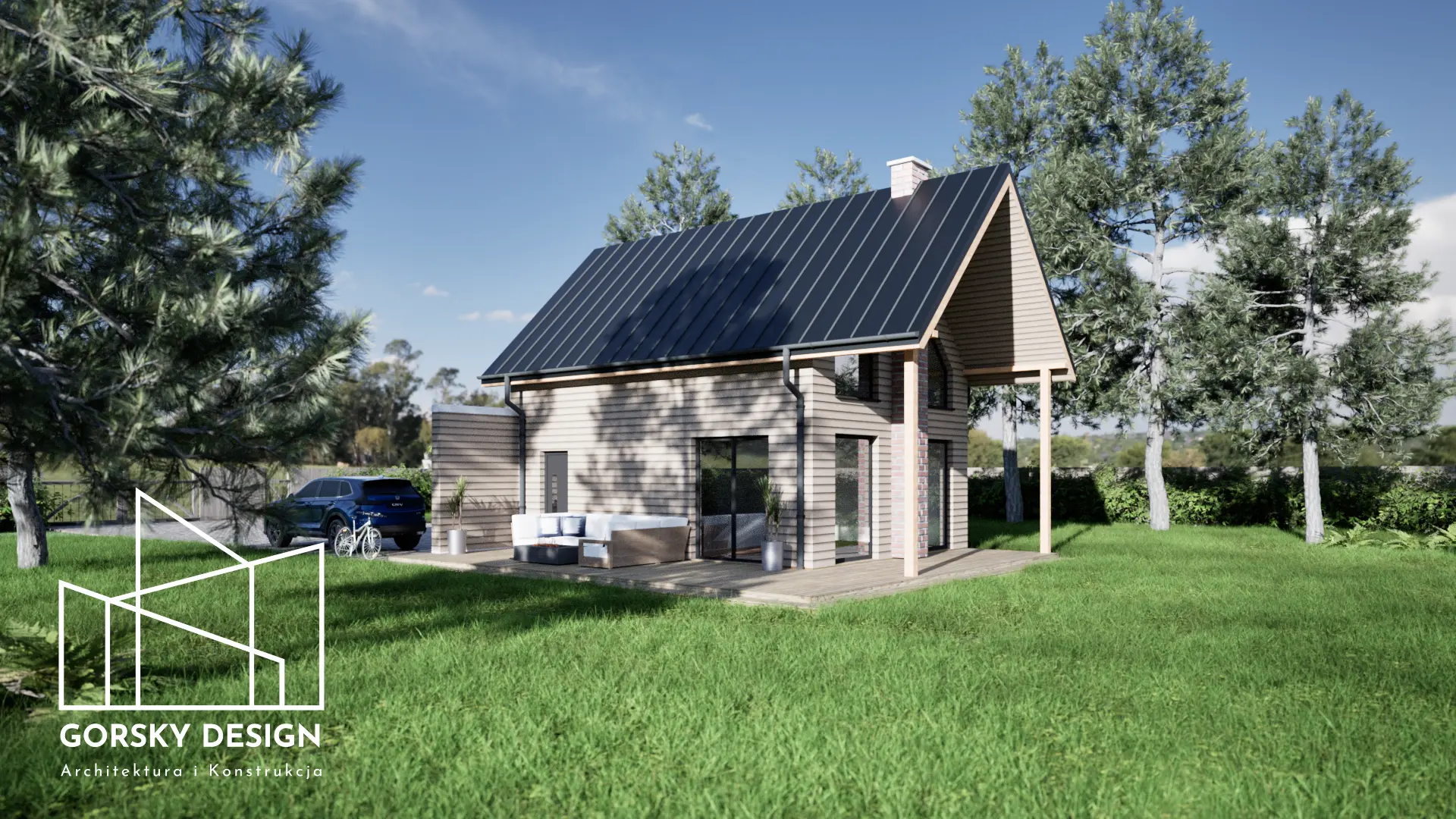 Elewacja domu domu letniskowego szkieletowego z tarasem – projekt Gorsky Design