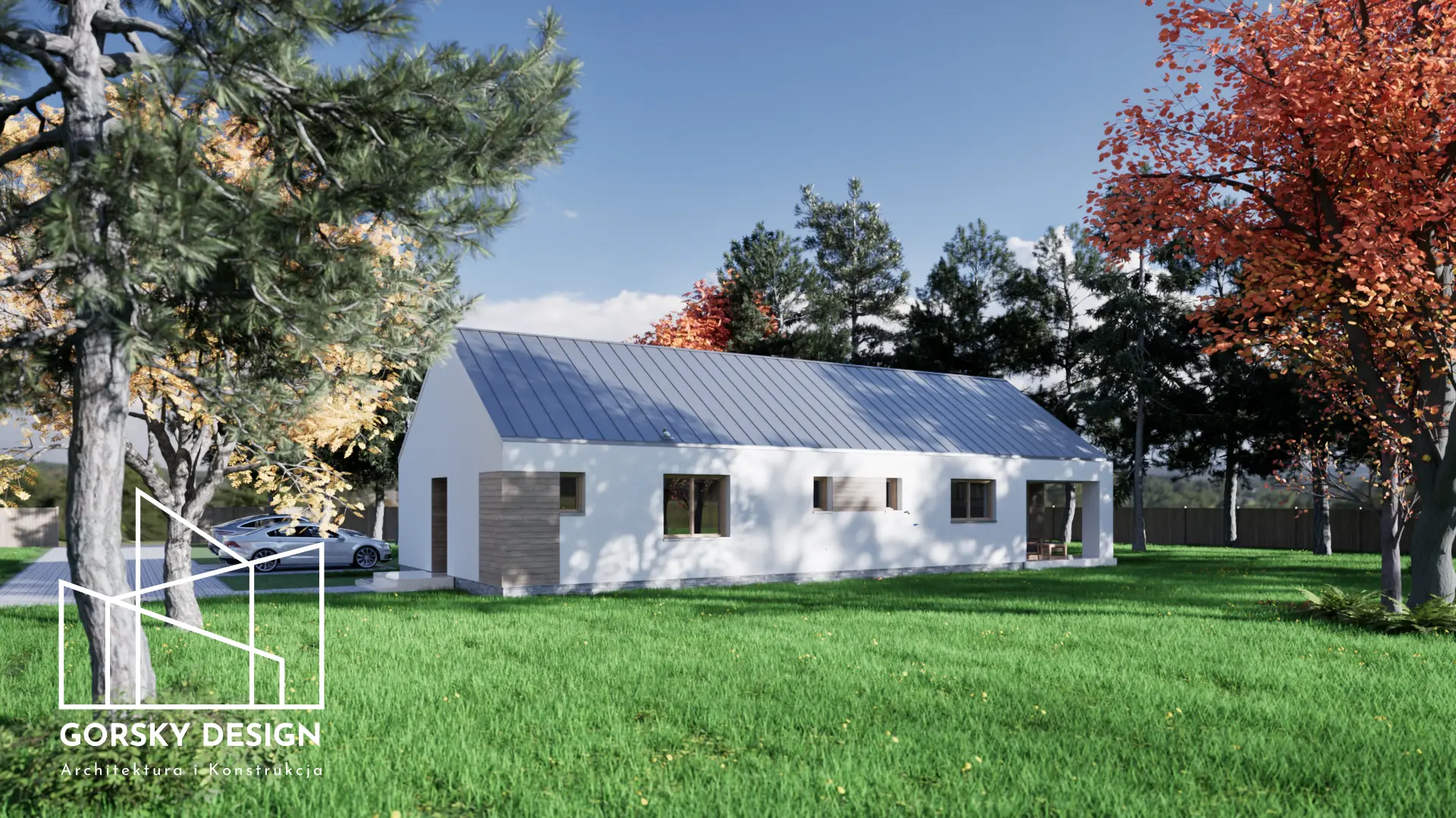 Wizualizacja domu jednorodzinnego typu stodoła, widok z ogrodu – projekt Gorsky Design