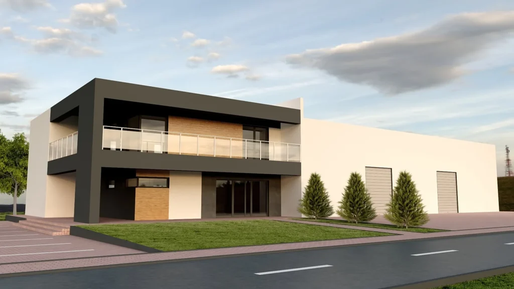 Wizualizacja elewacji frontowej budynku usługowego z magazynem - projekt Gorsky Design Toruń