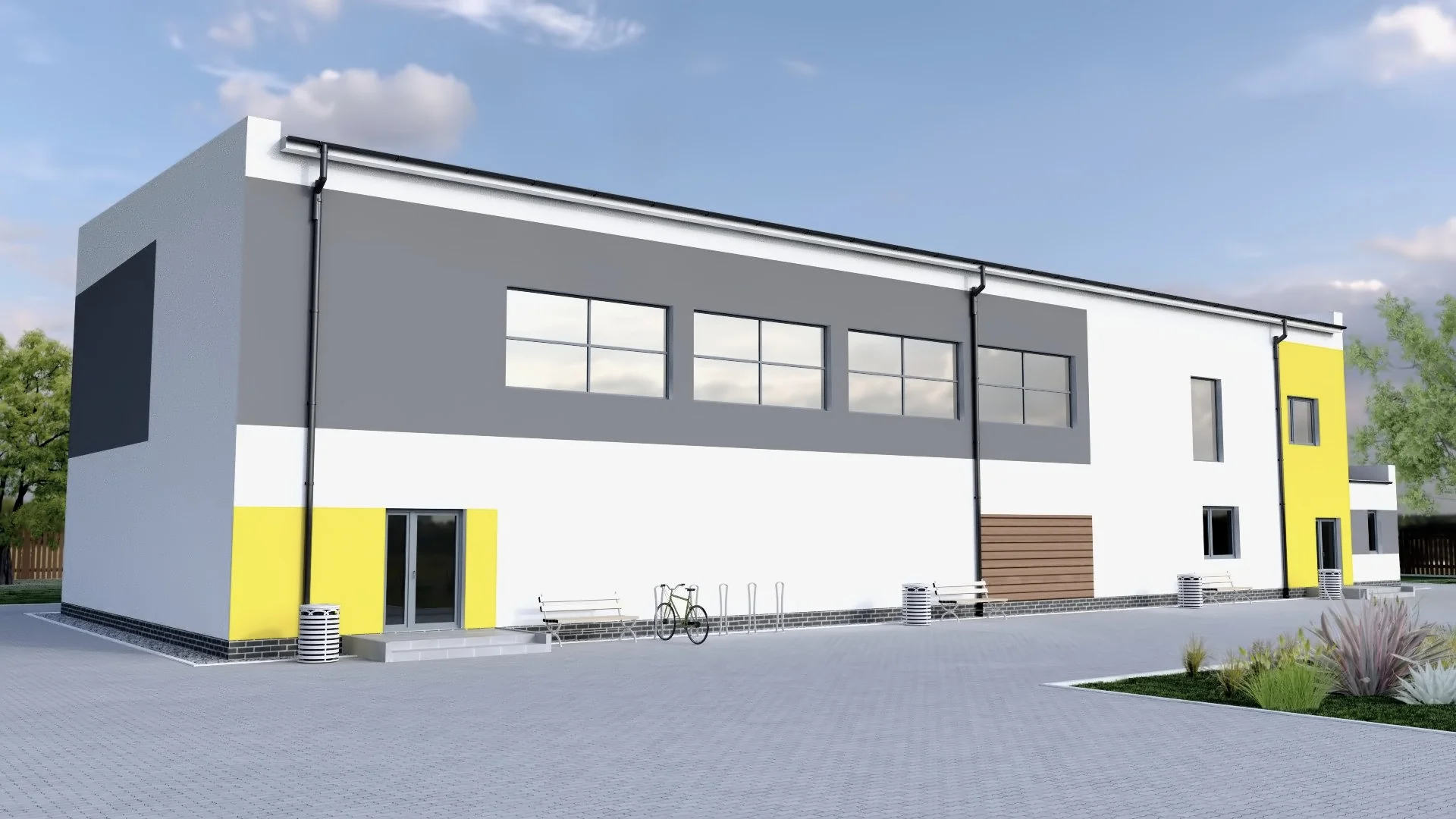 Wizualizacja elewacji frontowej nowoczesnej sali sportowej - projekt Gorsky Design Toruń