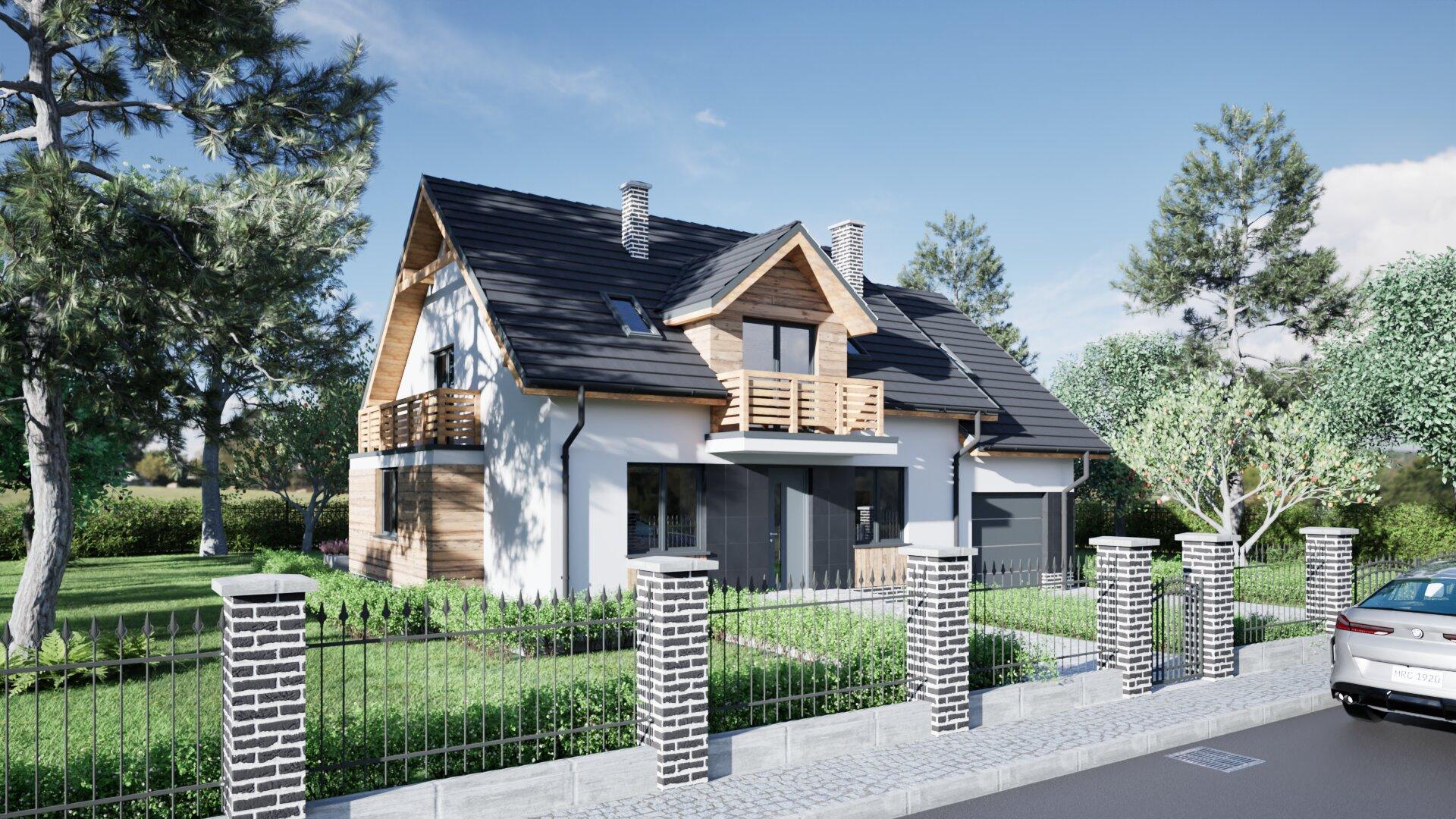 Elewacja frontowa nowoczesnego domu jednorodzinnego z dachem dwuspadowym – projekt Gorsky Design Toruń