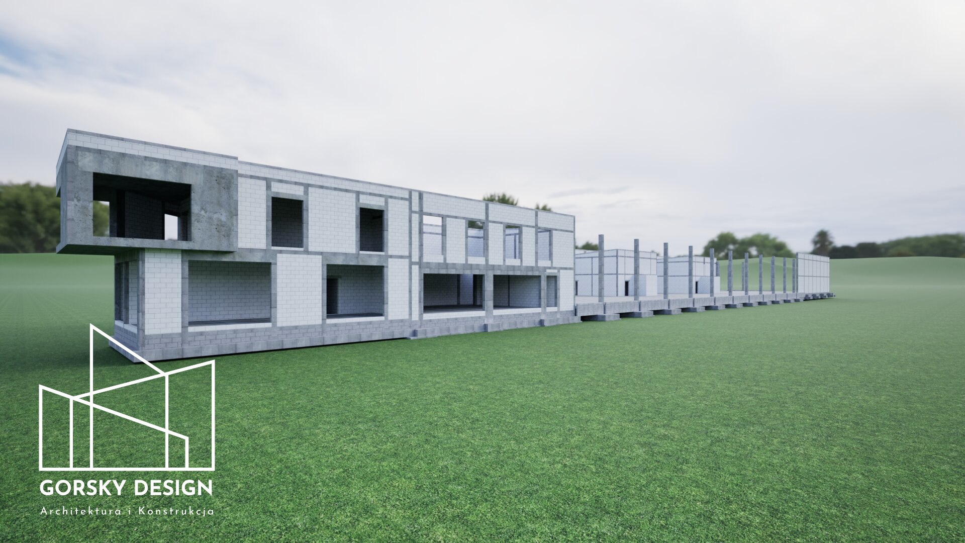 Wizualizacja frontowa konstrukcji budynku usługowo-handlowego