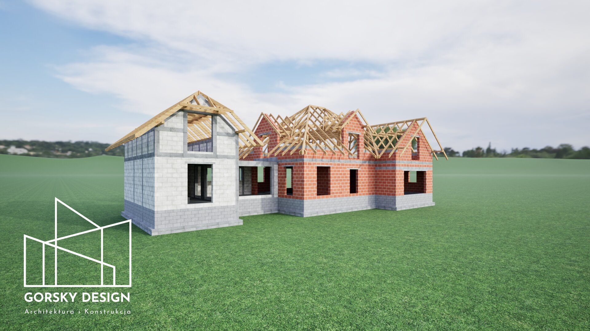 Wizualizacja frontowa lewa konstrukcji rozbudowy domu