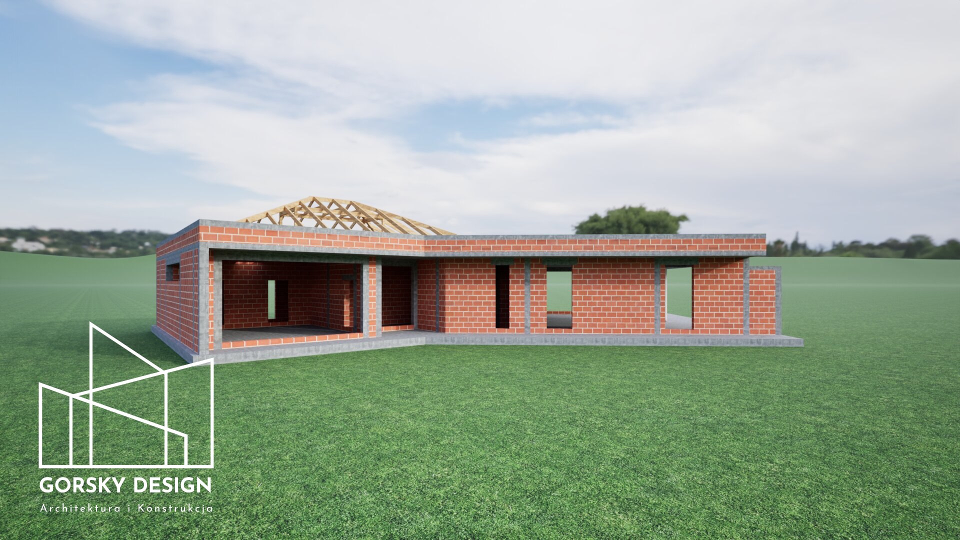 Wizualizacja frontowa konstrukcji nowoczesnego domu parterowego o konstrukcji murowanej