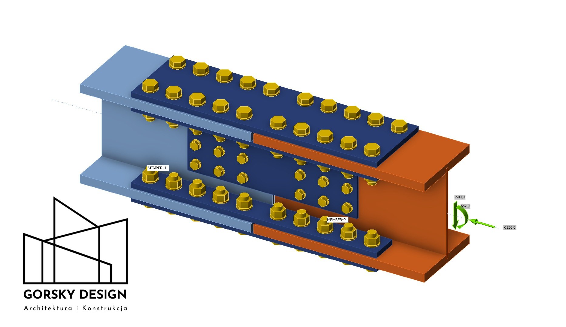 Połączenie nakładkowe belek stalowych - widok ogólny